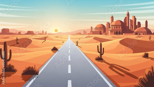 Desert Highway Road Leading to City Buildings.
