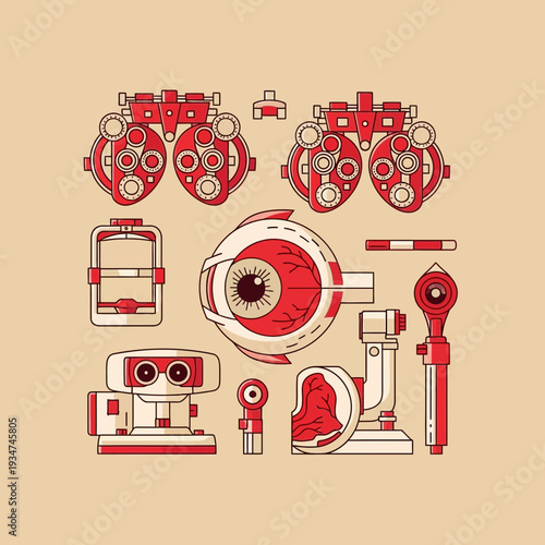 Illustrated Eye Care Instruments and Anatomy Representing Vision Health and Diagnosis