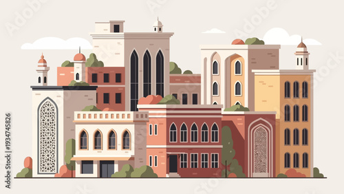 Illustration of Architectural Buildings with Arches.