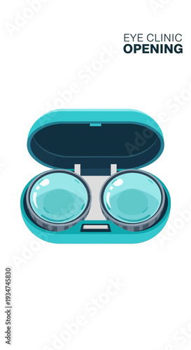Illustrated Eye Clinic Opening Promotion Featuring Contact Lenses in a Turquoise Case
