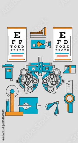 Illustrated Eye Exam Instruments: A Modern Depiction of Ophthalmic Equipment and Vision Testing