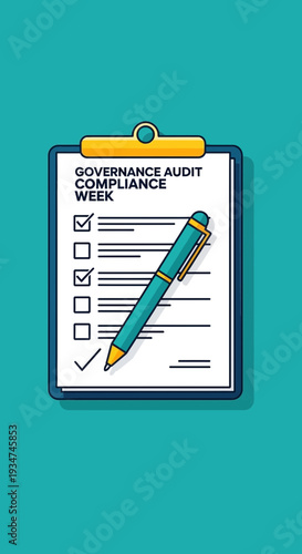 Illustrated Clipboard Depicting Governance Audit Compliance Week with Checkboxes and Pen