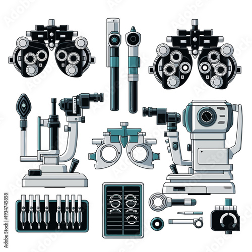 Illustrated Collection Of Ophthalmic Examination Tools And Apparatus Isolated On White Background