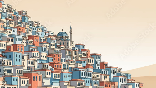 Colorful Houses and Mosque on Hillside.