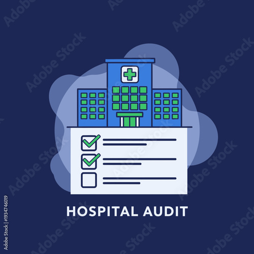 Illustrated Hospital Audit Concept with Buildings, Checkmarks, and Abstract Elements Visual