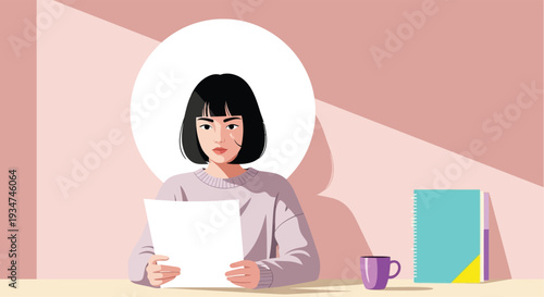 A young woman intently reads a document at a desk bathed in soft light