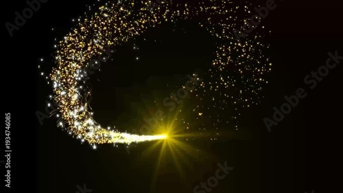 Magical golden glitter trail sparkles animation with black screen background, gold glitter light trail spiral with magic swirl path, Fairy Tail Glitter Particles Sparkling Glitter Awards 4K