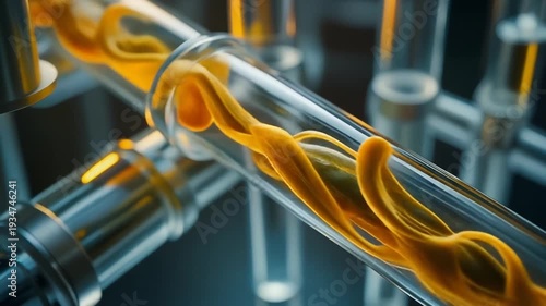 Industrial pipes with flowing orange liquid in a complex system viewed from a close-up perspective