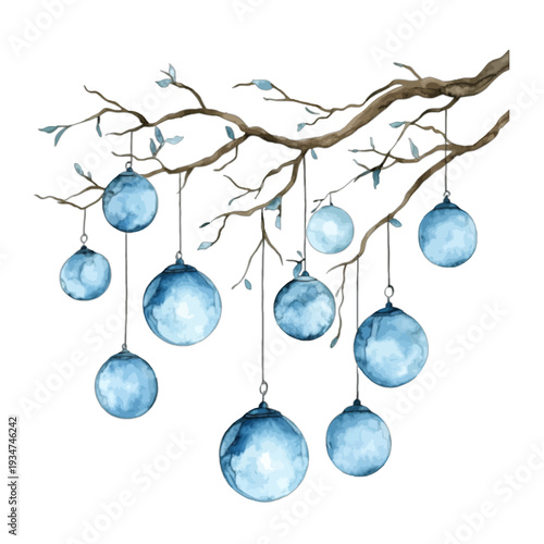 Watercolor Tree Branch with Hanging Blue Glass Baubles and Ornaments Clipart
