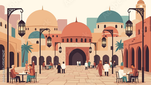 Middle Eastern Mosque Architecture Illustration People.