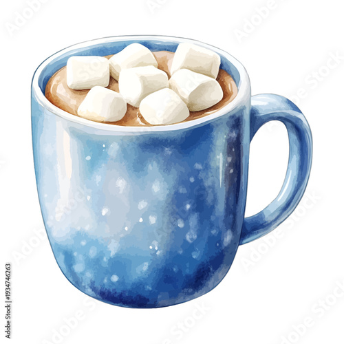 Blue watercolor hot chocolate mug with marshmallows and snowflake texture