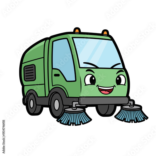 Cartoon Street Sweeper Vehicle with Brushes.