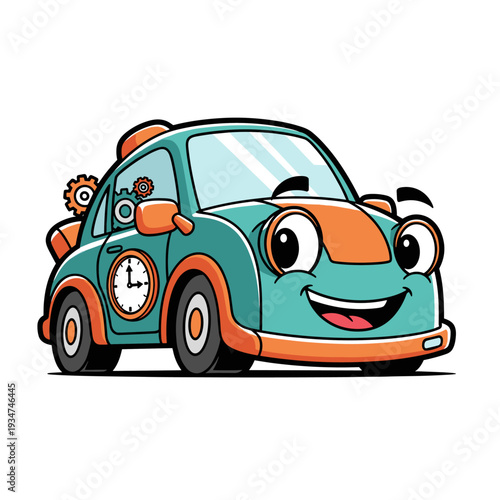 Cartoon Car Character with Clock and Gears.