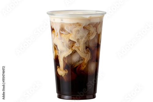 iced cold brew coffee with cascading cream and ice cubes in a clear plastic cup isolated cutout