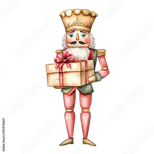 Watercolor Nutcracker soldier figure holding a gift box with a red bow

