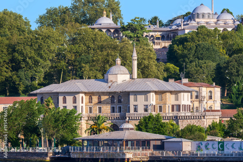 The panoramic view of the historic peninsula. In the image, Topkapı Palace is at the top, and the building on the shore below is now used as the Yeşilay Building. Photographed on a beautiful sunny day
