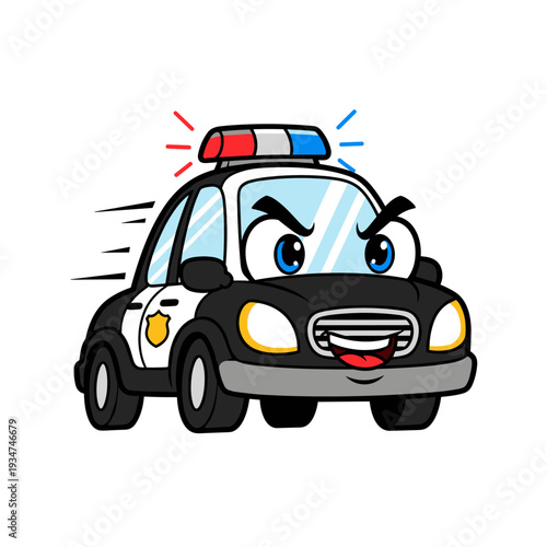 Cartoon Police Car with Lights On.