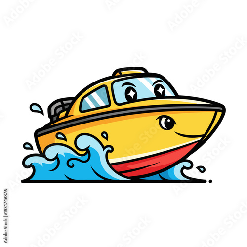 Cartoon Yellow Speedboat Sailing on Water.