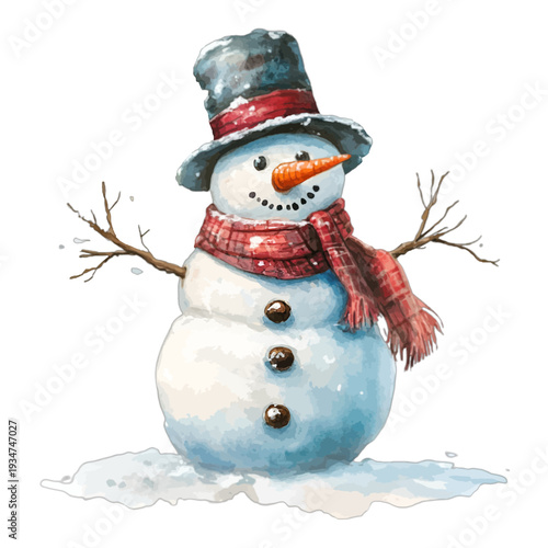 Cute watercolor snowman with top hat and red plaid scarf