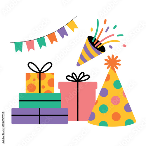 Colorful assortment of party gifts, festive banner, and a celebratory noise maker are.