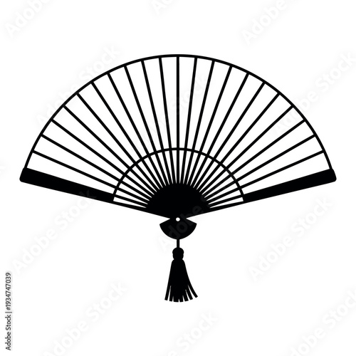 Folding hand fan with tassel hangs open showing traditional ribbed structure design.