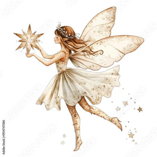 Watercolor Christmas Fairy with Gold Star and Gossamer Wings Fantasy Clipart