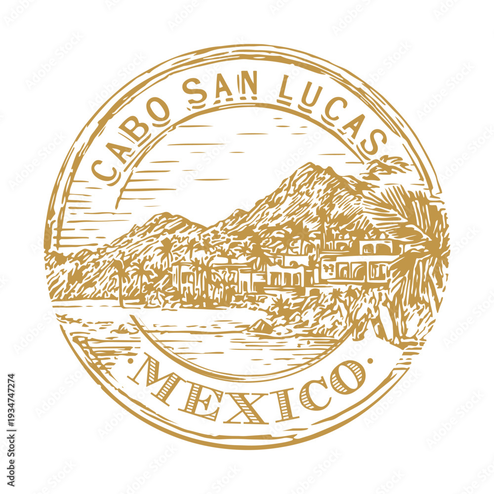 Fototapeta premium Vintage Cabo San Lucas Mexico badge featuring the golden bay skyline and turquoise sea of Cortez.