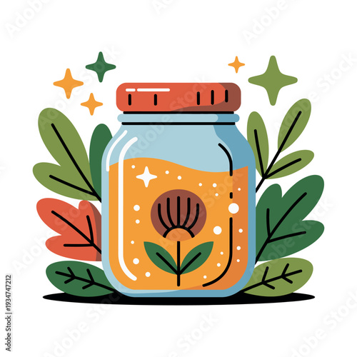 Jar of honey surrounded by decorative foliage and glowing stars suggests natural.