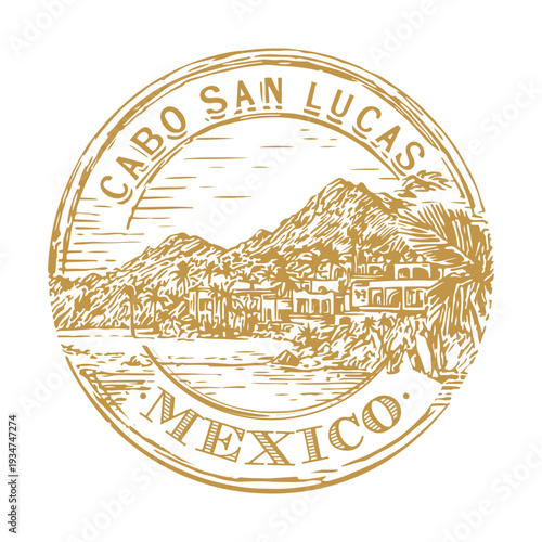 Vintage Cabo San Lucas Mexico badge featuring the golden bay skyline and turquoise sea of Cortez.