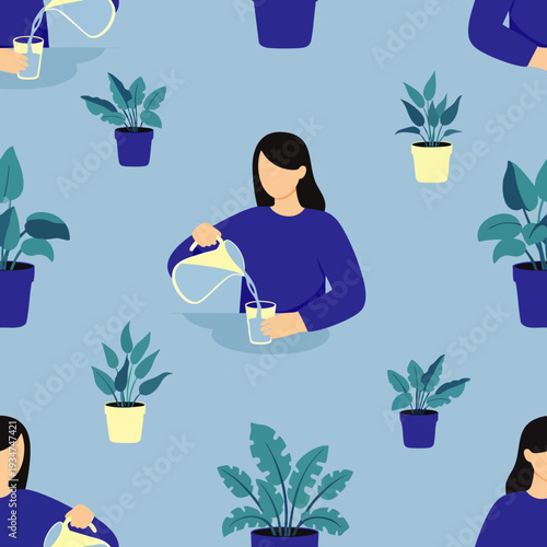 Seamless pattern of a woman pouring water into a glass, surrounded by potted houseplants. Represents self-care, hydration, and a healthy lifestyle.