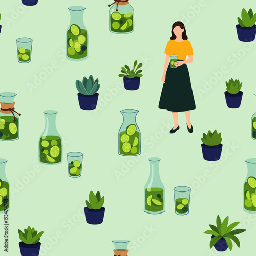 Seamless pattern featuring a woman with a green liquid jar, surrounded by bottles, glasses with lime, and potted succulents. Natural, healthy, homemade drinks.