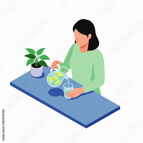 Refreshing isometric illustration of a woman pouring lemon-infused water into a glass, symbolizing healthy hydration, wellness, and a fresh start.