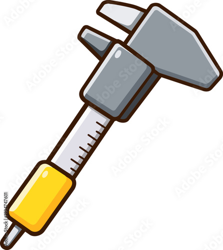 caliper with a playful and cheerful expression. The caliper is drawn in flat design with soft colors, featuring a gray body with a yellow handle.