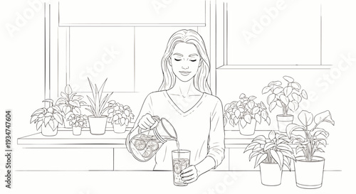 Line art illustration of a young woman pouring a refreshing drink from a pitcher into a glass, surrounded by potted houseplants. Healthy hydration and home comfort concept.