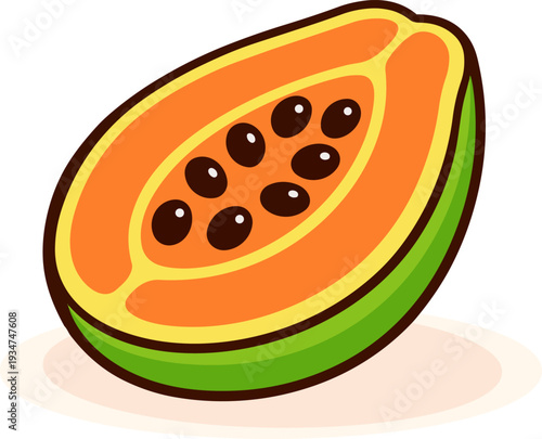 papaya fruit, showing the vibrant orange flesh filled with black seeds, set against a green outer rind. The flat design adds a playful and bright look to the fruit, emphasizing its natural colors