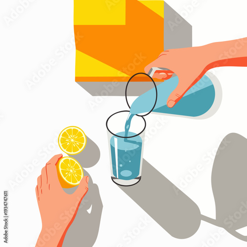 Hands preparing refreshing lemon water, pouring from a pitcher into a glass with fresh lemon halves. Healthy summer drink preparation flat vector illustration.