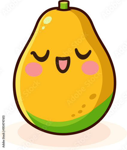 kawaii papaya fruit with a smiling face. The papaya is yellow with a green bottom, showing a joyful expression with rosy cheeks.