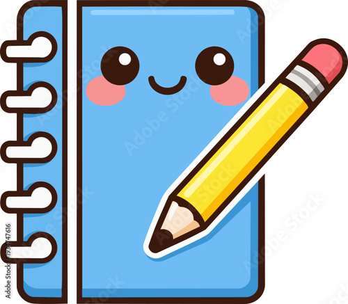 kawaii blue notepad with a yellow pencil beside it. The notepad has spiral binding and a cheerful face, adding a fun and playful touch to the design. 