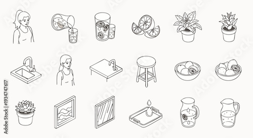 Minimalist line art icons set featuring everyday objects, people, food, and home items in a clean, simple, and modern black and white style.