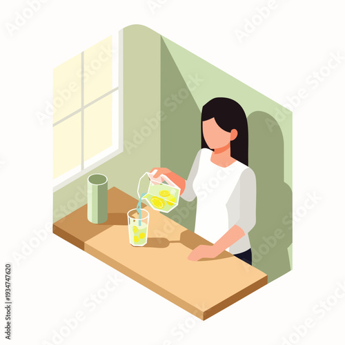 Isometric illustration of a woman pouring refreshing homemade lemonade with lemon slices from a pitcher into a glass on a kitchen counter.