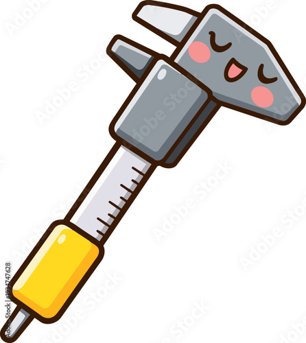 kawaii caliper tool in a flat, cartoon style. The caliper is designed with a smiling face and soft, pastel accents, making it appear friendly and approachable.