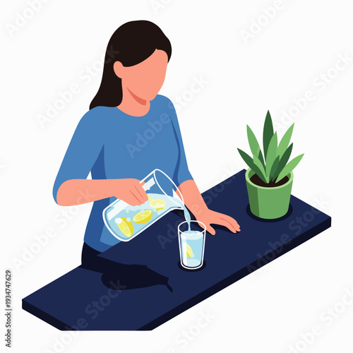 Isometric vector illustration of a woman pouring refreshing lemon water into a glass, promoting healthy hydration and wellness.
