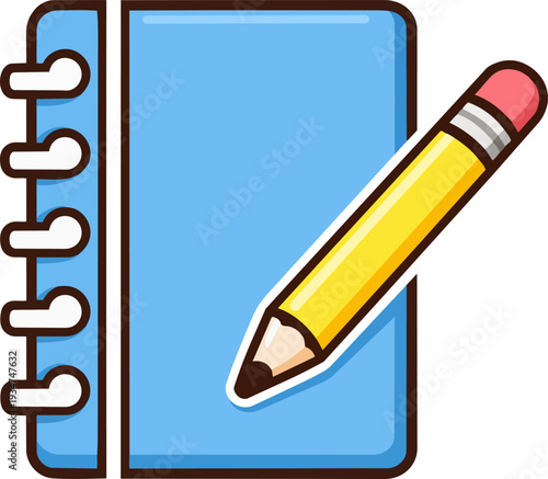 cute blue notepad with a yellow pencil beside it. The notepad has spiral binding and is simple, with no facial features, making it ideal for professional or educational uses