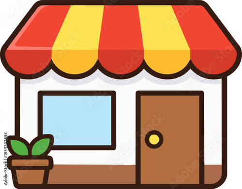 A cute, colorful illustration of a store with a bright red and yellow canopy, brown doors, and a potted plant. The design is vector-based, simple geometric shapes, clean and modern style.