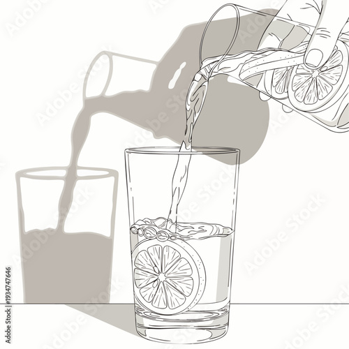 Refreshing hand-drawn illustration of water being poured from a pitcher into a glass with lemon slices, creating dynamic shadows and a sense of hydration.