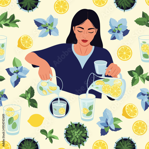 Seamless pattern: Woman pouring fresh lemonade into glasses. Features lemons, mint, botanicals. Vibrant summer healthy drink illustration.