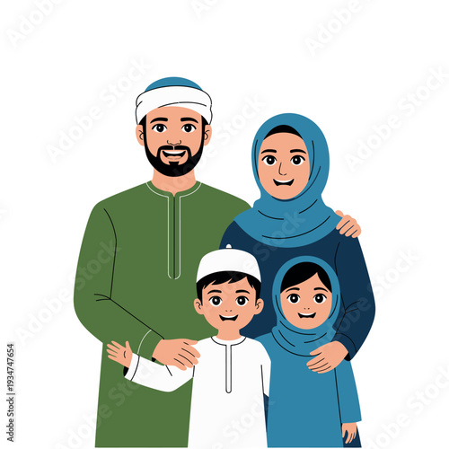 Muslim family portrait features parents and two children dressed in traditional modest Islamic attire.