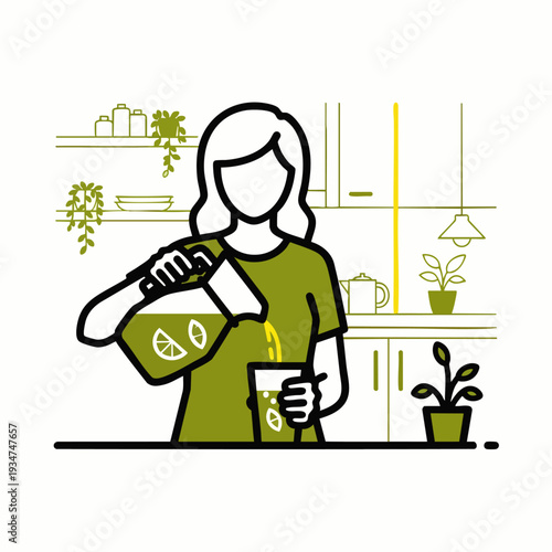 Woman pouring fresh lemonade into a glass in a modern kitchen, line art illustration of preparing a refreshing drink for health and hydration.