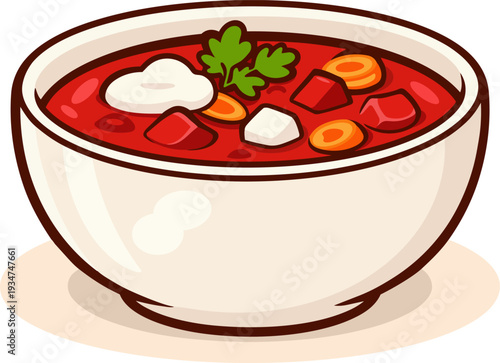 a bowl of classic borscht soup with a rich red color, featuring diced vegetables such as carrots and potatoes, along with some sour cream and fresh parsley on top. 