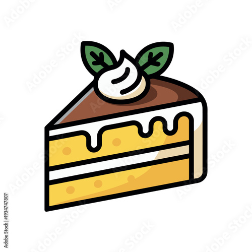 Delicious slice of layered chocolate cake with cream swirl and mint garnish is isolated on white.